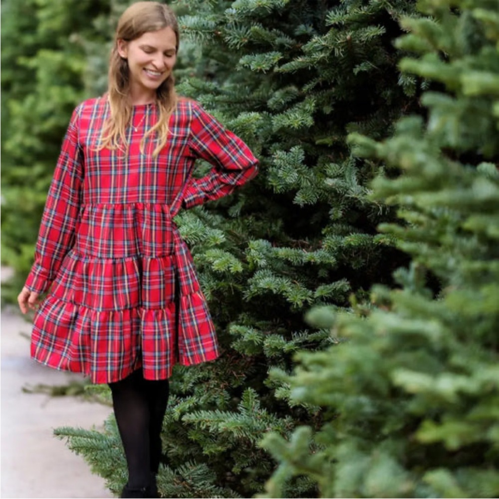 Red Plaid Dress Stewart Tartan S NEW Tiered Party Long Sleeve Holiday Crew